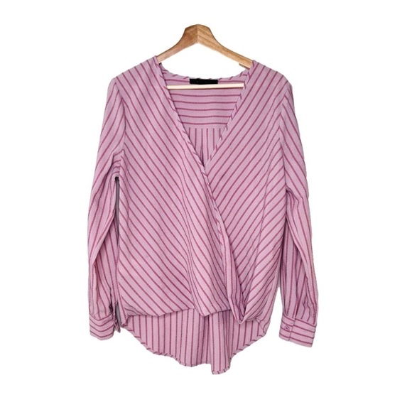 BCBGMAXAZRIA Womens Pink Faux Wrap High Low Striped Blouse Shirt Size Medium - Picture 2 of 12